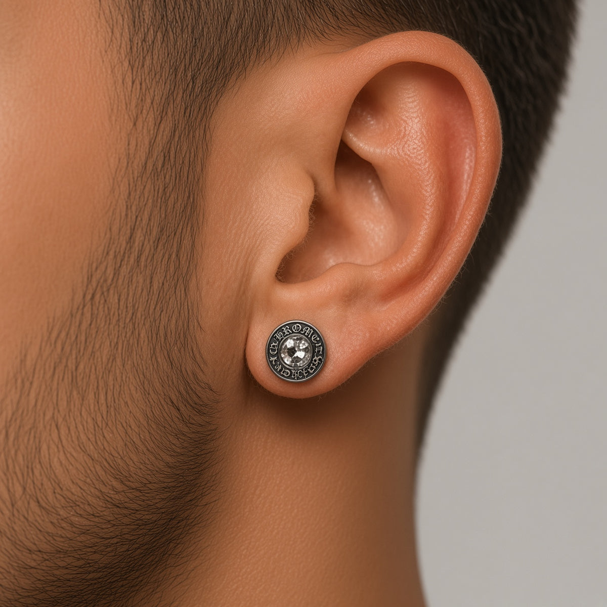 Men's Silver Crystal Flat Back Stud Earrings – Threaded Stainless Steel - A309 Firefly District - {{mens earrings}}