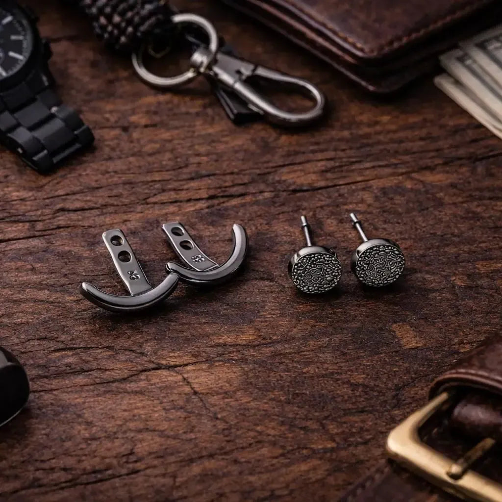Mens Earrings - Gun Metal Grey wrap around Earrings, Men, Minimalist Male Earring, Silver, Mens stud, Man Earrings, for Men, edgy, B026 - Firefly District