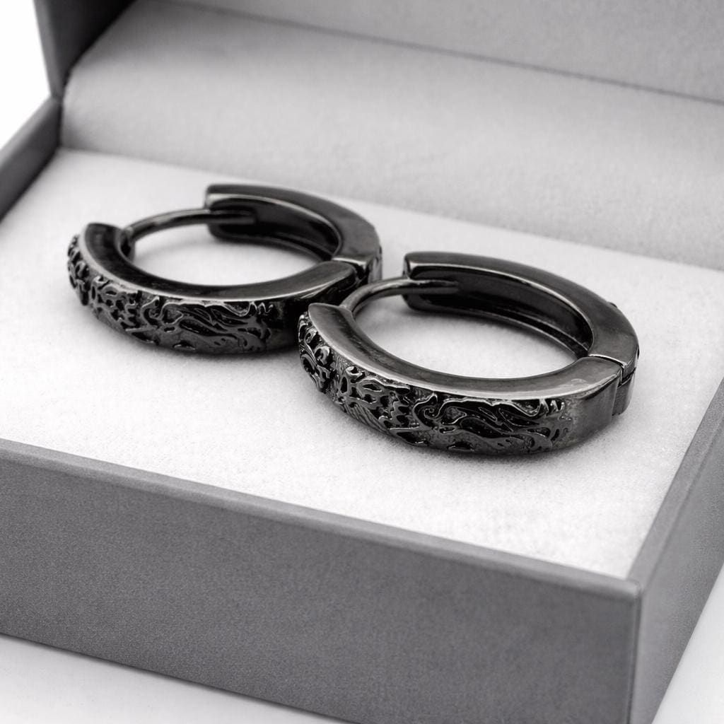 Mens Earrings - Black Earrings, Men, Edgy Male Earring, Dragon Glass, Mens Hoop Earrings, Hoops for Men, Rune hoop earrings, A339