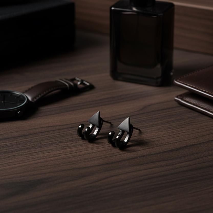Black triangle studs with black wraps for men, A501 BWrap Firefly District - {{mens earrings}}