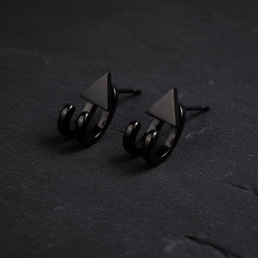 Black triangle studs with black wraps for men, A501 BWrap Firefly District - {{mens earrings}}