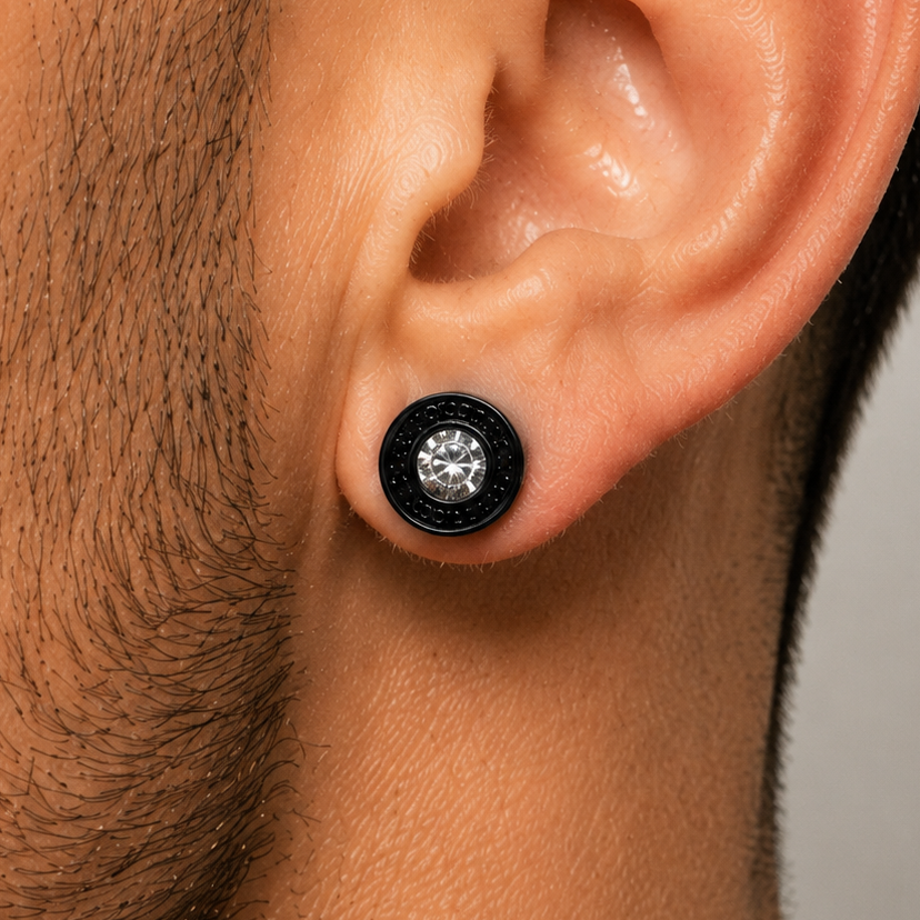 Men's Black Crystal Flat Back Stud Earrings – Threaded Stainless Steel - A308 Firefly District - {{mens earrings}}