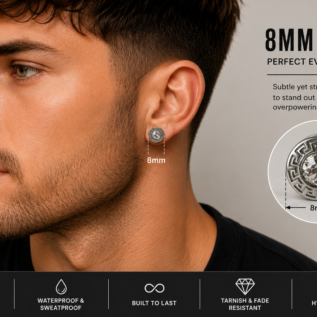 A309 men's silver crystal stud earring 8mm face width size guide