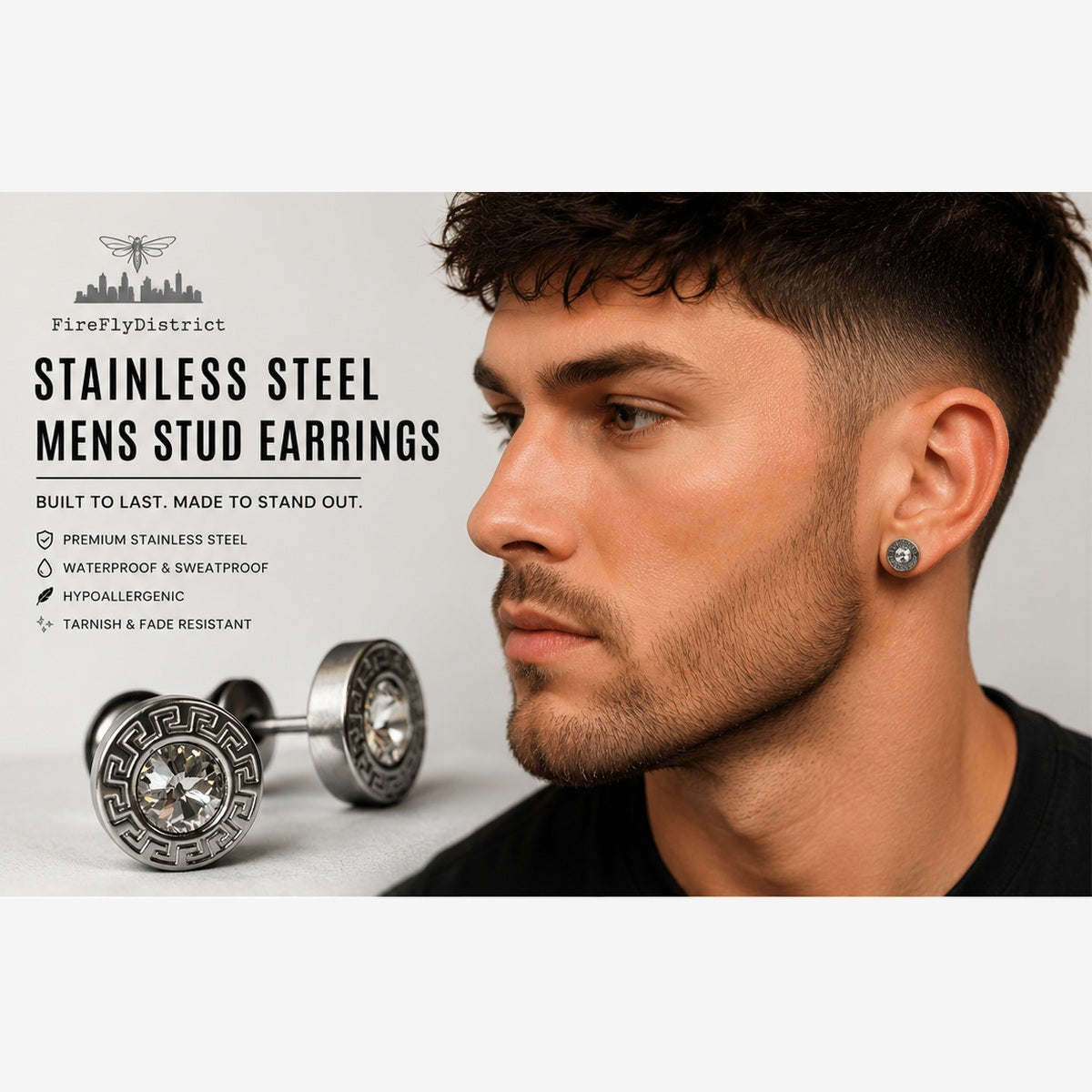 Male model wearing A309 silver crystal Greek key stud earrings