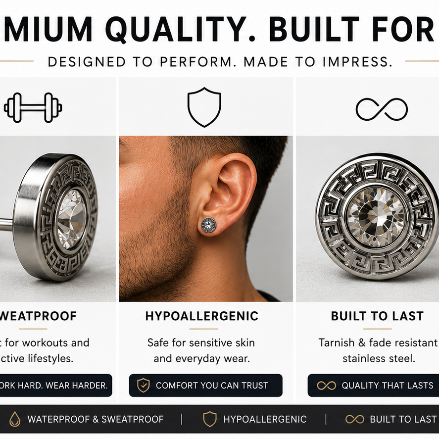 A309 men's stainless steel stud earrings waterproof sweatproof hypoallergenic built to last and gift ready in box