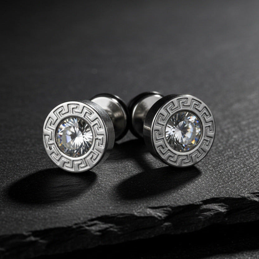 Silver stainless steel crystal Greek key flat back stud earrings for men