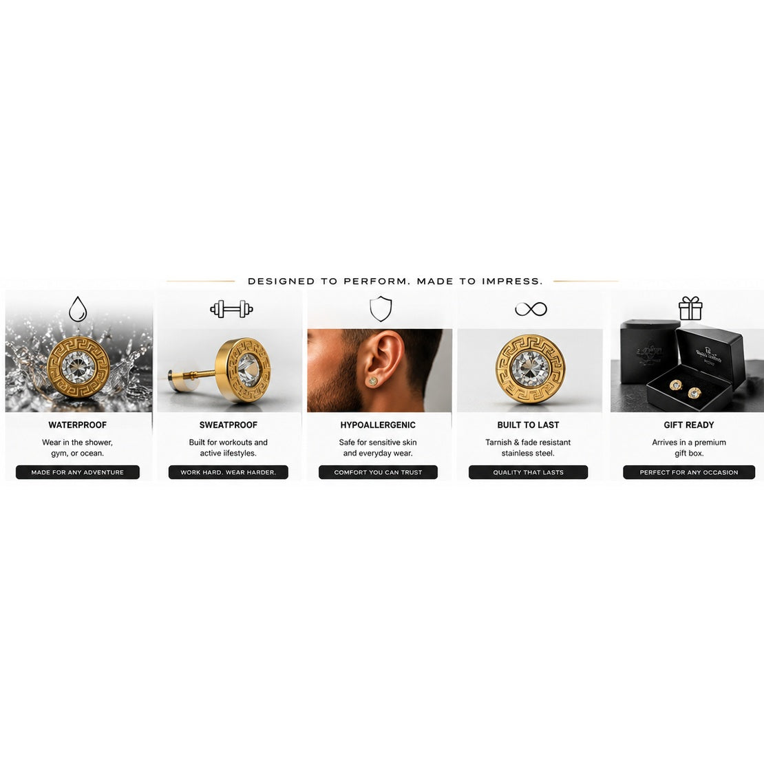 A312 gold stainless steel men's earrings waterproof sweatproof hypoallergenic built to last and gift ready