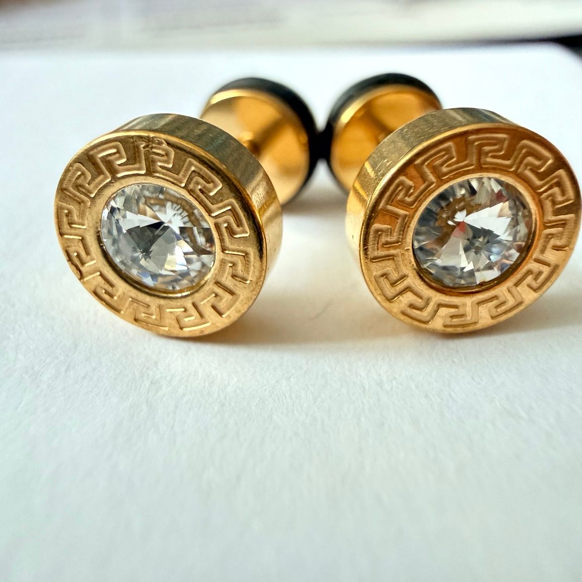 Gold stainless steel crystal Greek key flat back stud earrings for men