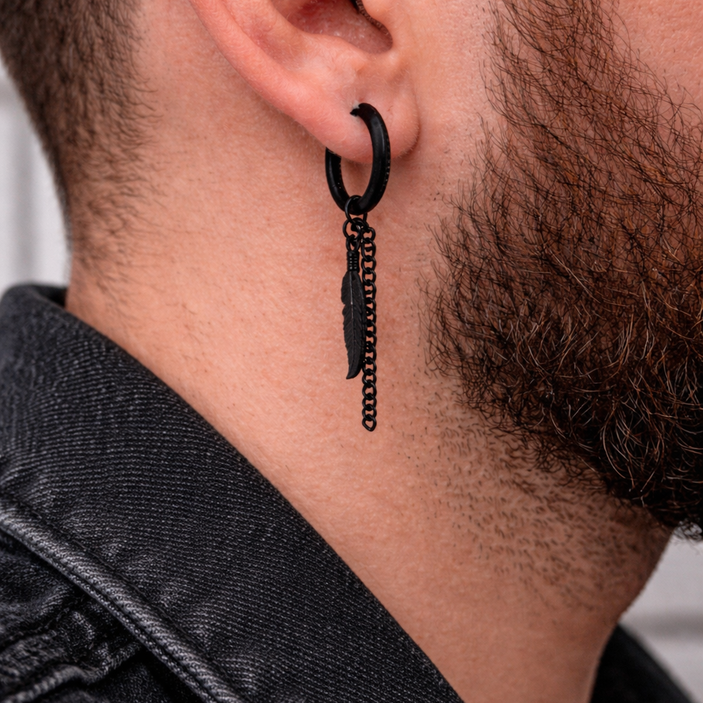 Black Feather and Chain, Earring, Mens Earrings, Black Bar Earrings, Minimalist, Male Earring, Mens, Single earring for Men, A120 The Funky Bird - {{mens earrings}}