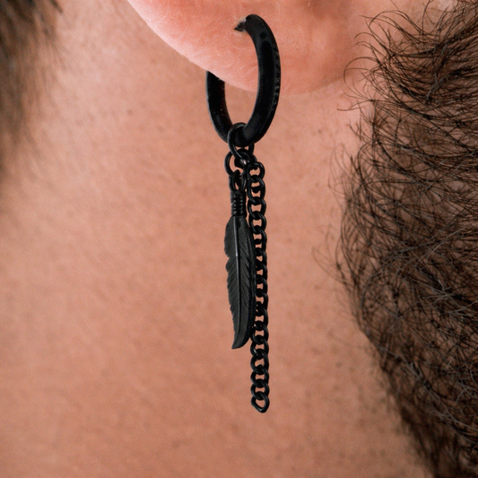 Black Feather and Chain, Earring, Mens Earrings, Black Bar Earrings, Minimalist, Male Earring, Mens, Single earring for Men, A120 The Funky Bird - {{mens earrings}}