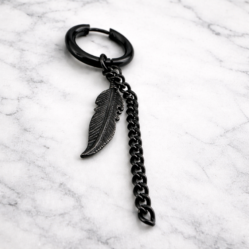 Black Feather and Chain, Earring, Mens Earrings, Black Bar Earrings, Minimalist, Male Earring, Mens, Single earring for Men, A120 The Funky Bird - {{mens earrings}}