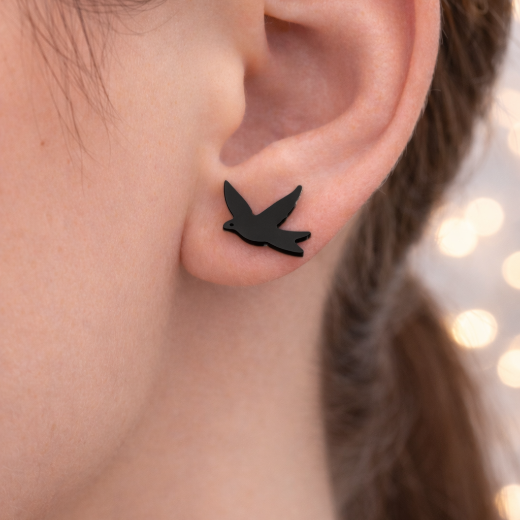 Black Bird Swift Earrings - bird studs, bird coloured studs, minimalistic earring, Funky earrings, Unique, A078 The Funky Bird - {{mens earrings}}