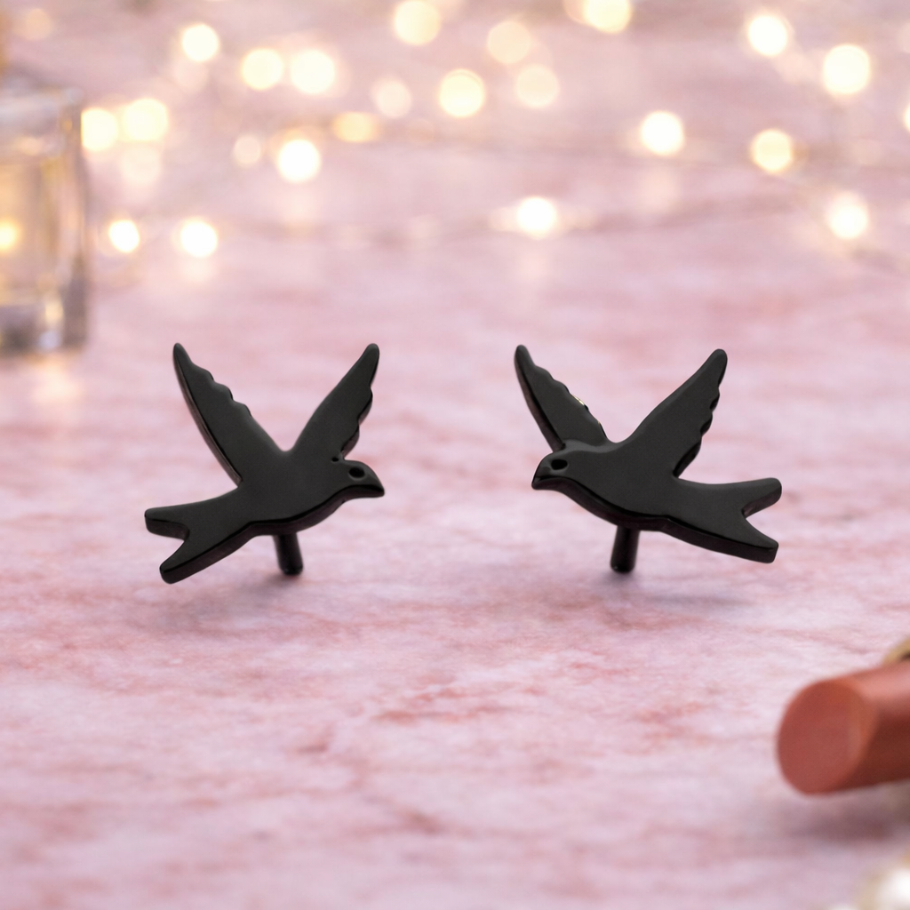 Black Bird Swift Earrings - bird studs, bird coloured studs, minimalistic earring, Funky earrings, Unique, A078 The Funky Bird - {{mens earrings}}