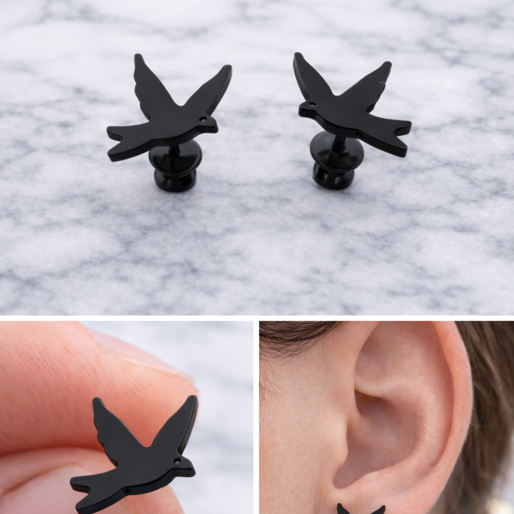 Black Bird Swift Earrings - bird studs, bird coloured studs, minimalistic earring, Funky earrings, Unique, A078 The Funky Bird - {{mens earrings}}