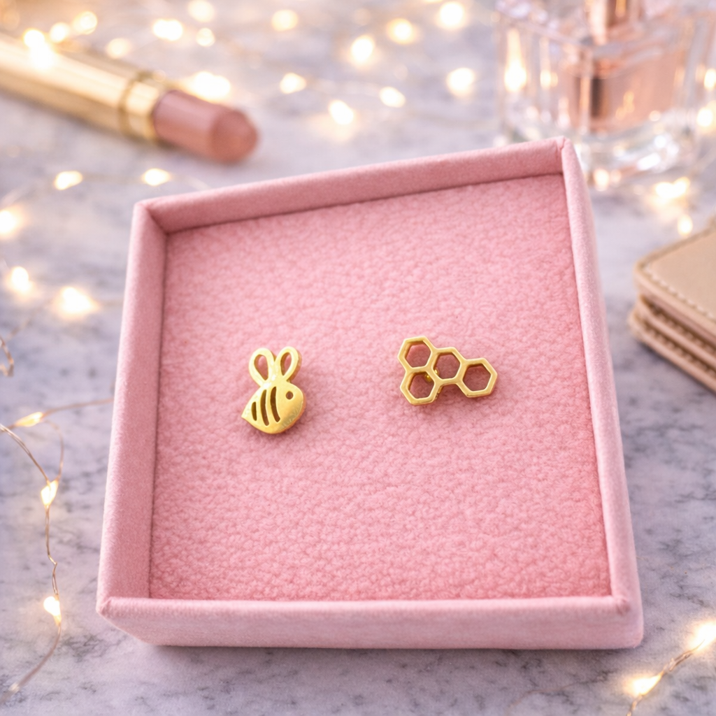 Mismatched Stud Earrings - Gold Bee Earrings – Honeycomb Stud Earrings – Asymmetric Mismatched Studs – Dainty Gold Earrings for Women, A036 The Funky Bird - {{mens earrings}}
