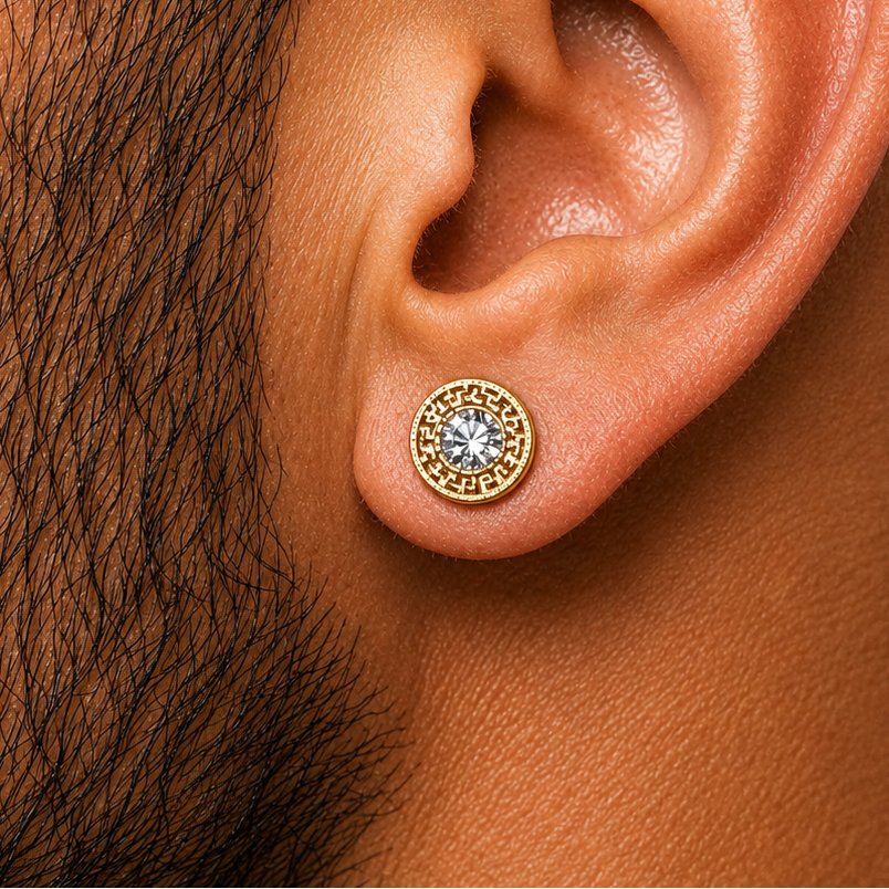 Men's Gold Crystal Flat Back Stud Earrings – Threaded Stainless Steel - A312 Firefly District - {{mens earrings}}