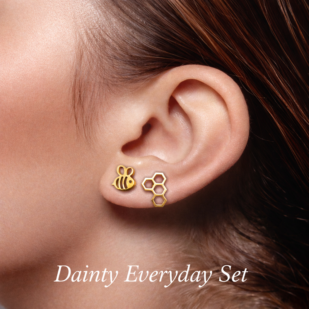 Mismatched Stud Earrings - Gold Bee Earrings – Honeycomb Stud Earrings – Asymmetric Mismatched Studs – Dainty Gold Earrings for Women, A036 The Funky Bird - {{mens earrings}}