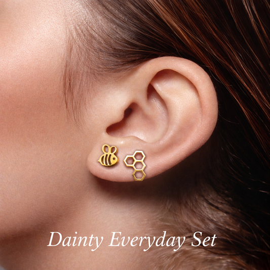 Mismatched Stud Earrings - Gold Bee Earrings – Honeycomb Stud Earrings – Asymmetric Mismatched Studs – Dainty Gold Earrings for Women, A036 The Funky Bird - {{mens earrings}}