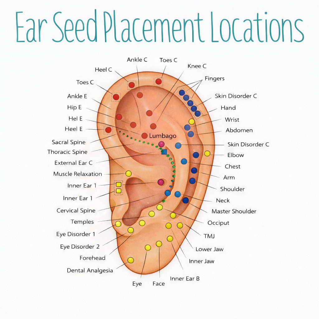 Silver Ear Seeds with chart Acupressure Ear Seed Pack, Tiny Silver Ear Seeds auriculotherapy, Migraine relief, back neck pain relief, Draw S The Funky Bird - {{mens earrings}}