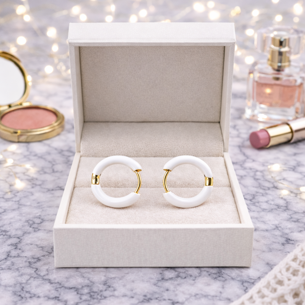 White Huggie Hoop Earrings, Chunky Earrings, white Hoop Earrings, Simple Hoop Earrings, Ice white Earrings, Minimalist, A429 The Funky Bird - {{mens earrings}}