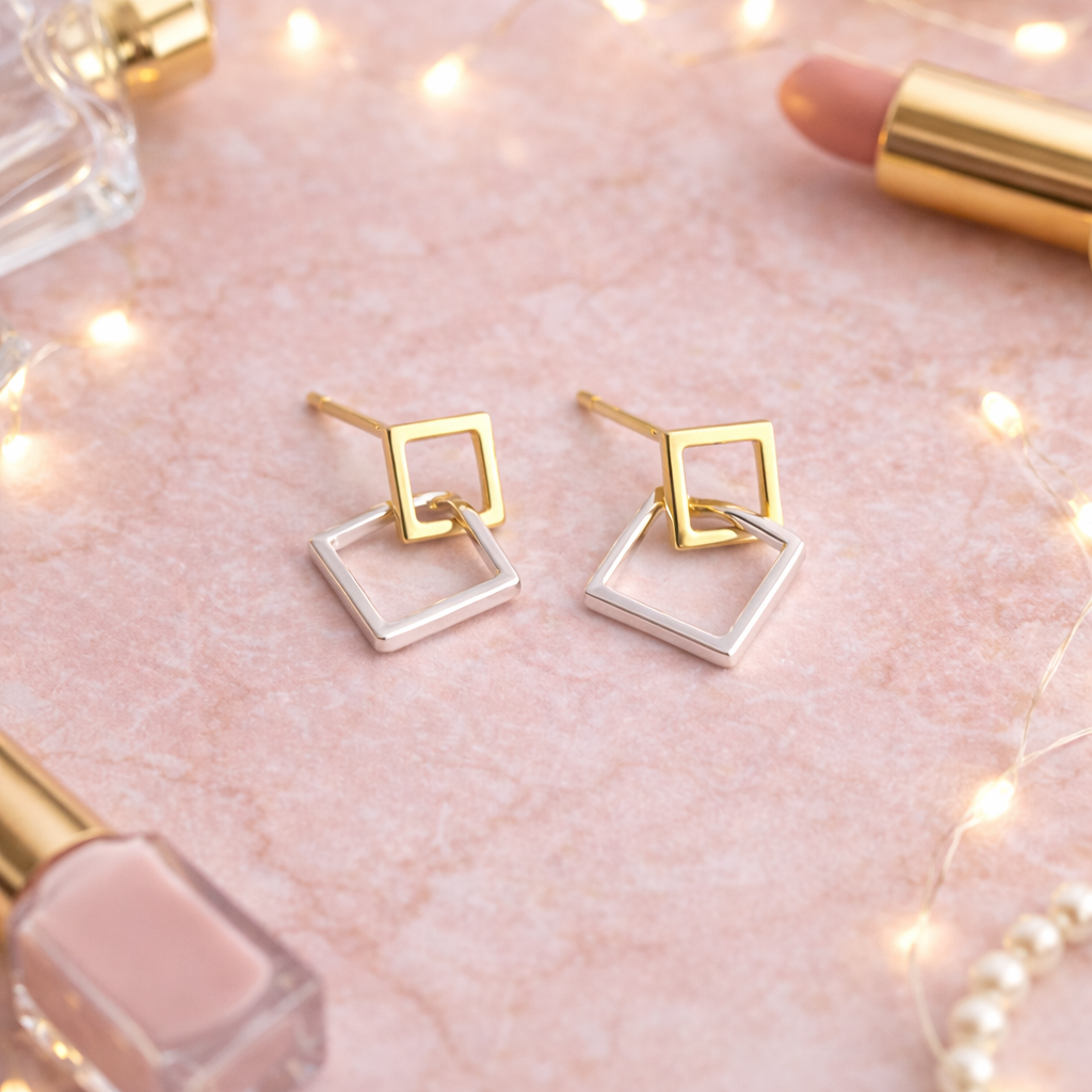 Two tone earrings, Gold Dangle Huggie, double hoop earrings, two tone hoops, Geometric earrings, double link earrings, dainty earrings, A417 The Funky Bird - {{mens earrings}}