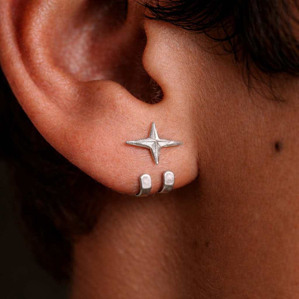 Mens Jewellery - Silver Stud Earrings, Men, Minimalist Male Jewellery, Silver, Mens Stud Earrings, Studs for Men, star hook earrings, A480 The Funky Bird - {{mens earrings}}