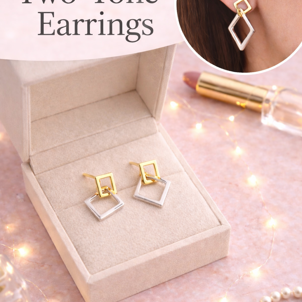 Two tone earrings, Gold Dangle Huggie, double hoop earrings, two tone hoops, Geometric earrings, double link earrings, dainty earrings, A417 The Funky Bird - {{mens earrings}}