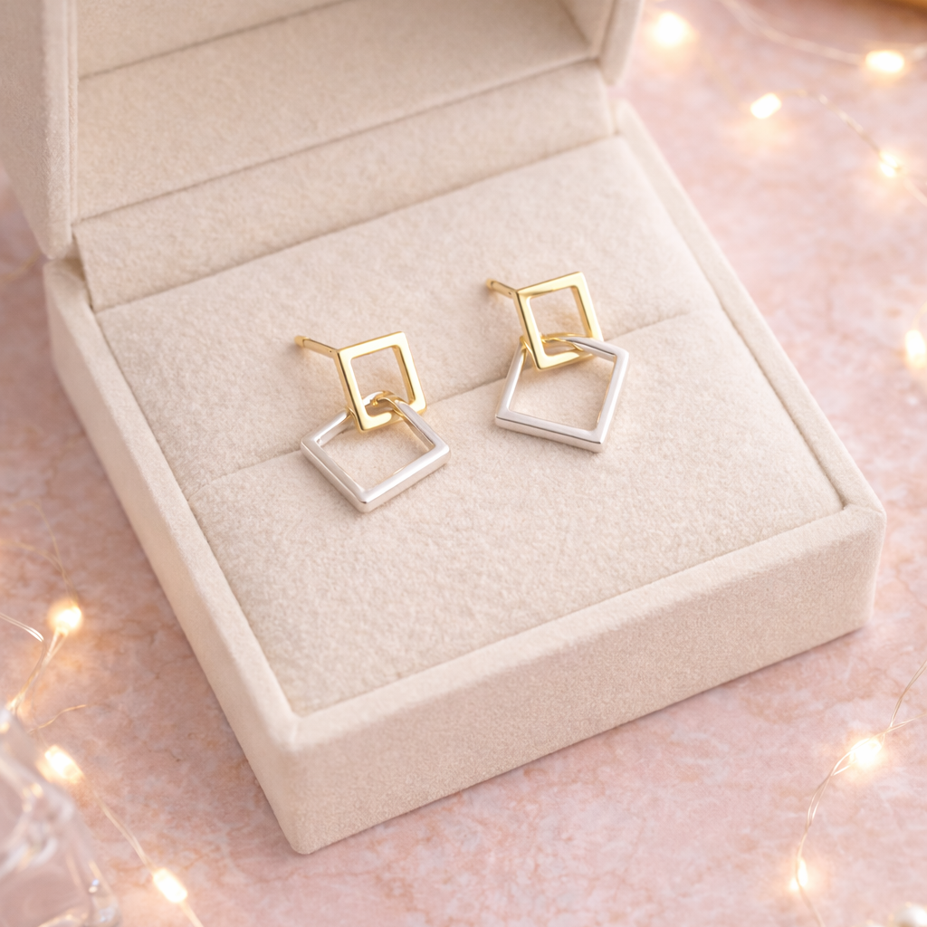 Two tone earrings, Gold Dangle Huggie, double hoop earrings, two tone hoops, Geometric earrings, double link earrings, dainty earrings, A417 The Funky Bird - {{mens earrings}}