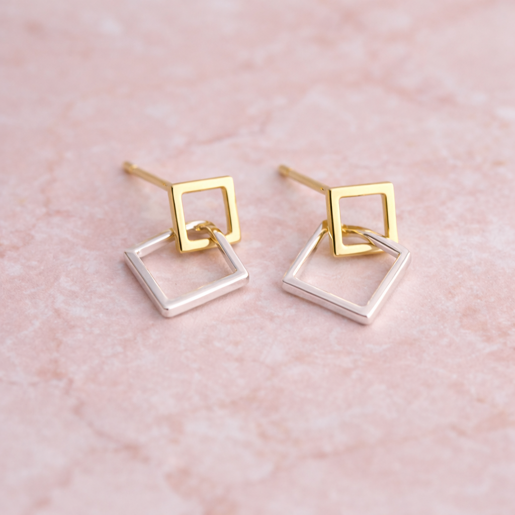 Two tone earrings, Gold Dangle Huggie, double hoop earrings, two tone hoops, Geometric earrings, double link earrings, dainty earrings, A417 The Funky Bird - {{mens earrings}}