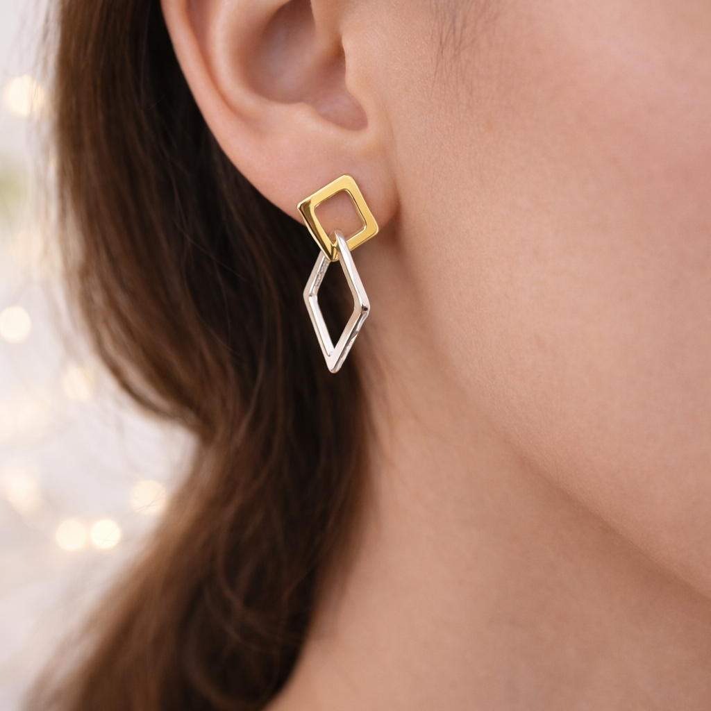 Two tone earrings, Gold Dangle Huggie, double hoop earrings, two tone hoops, Geometric earrings, double link earrings, dainty earrings, A417 The Funky Bird - {{mens earrings}}
