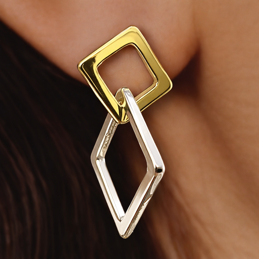 Two tone earrings, Gold Dangle Huggie, double hoop earrings, two tone hoops, Geometric earrings, double link earrings, dainty earrings, A417 The Funky Bird - {{mens earrings}}