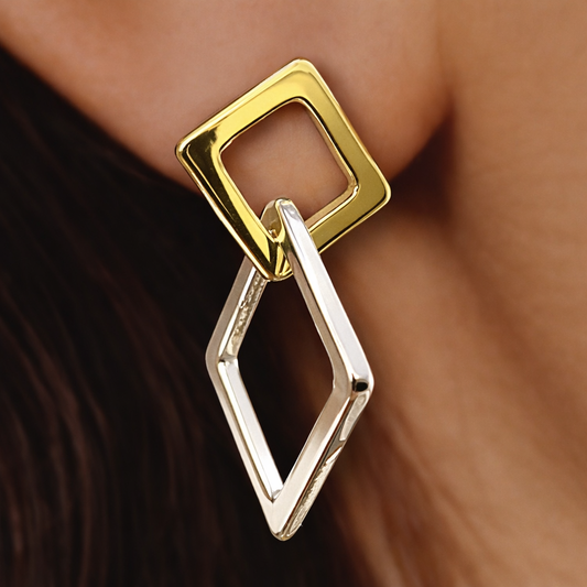 Two tone earrings, Gold Dangle Huggie, double hoop earrings, two tone hoops, Geometric earrings, double link earrings, dainty earrings, A417 The Funky Bird - {{mens earrings}}