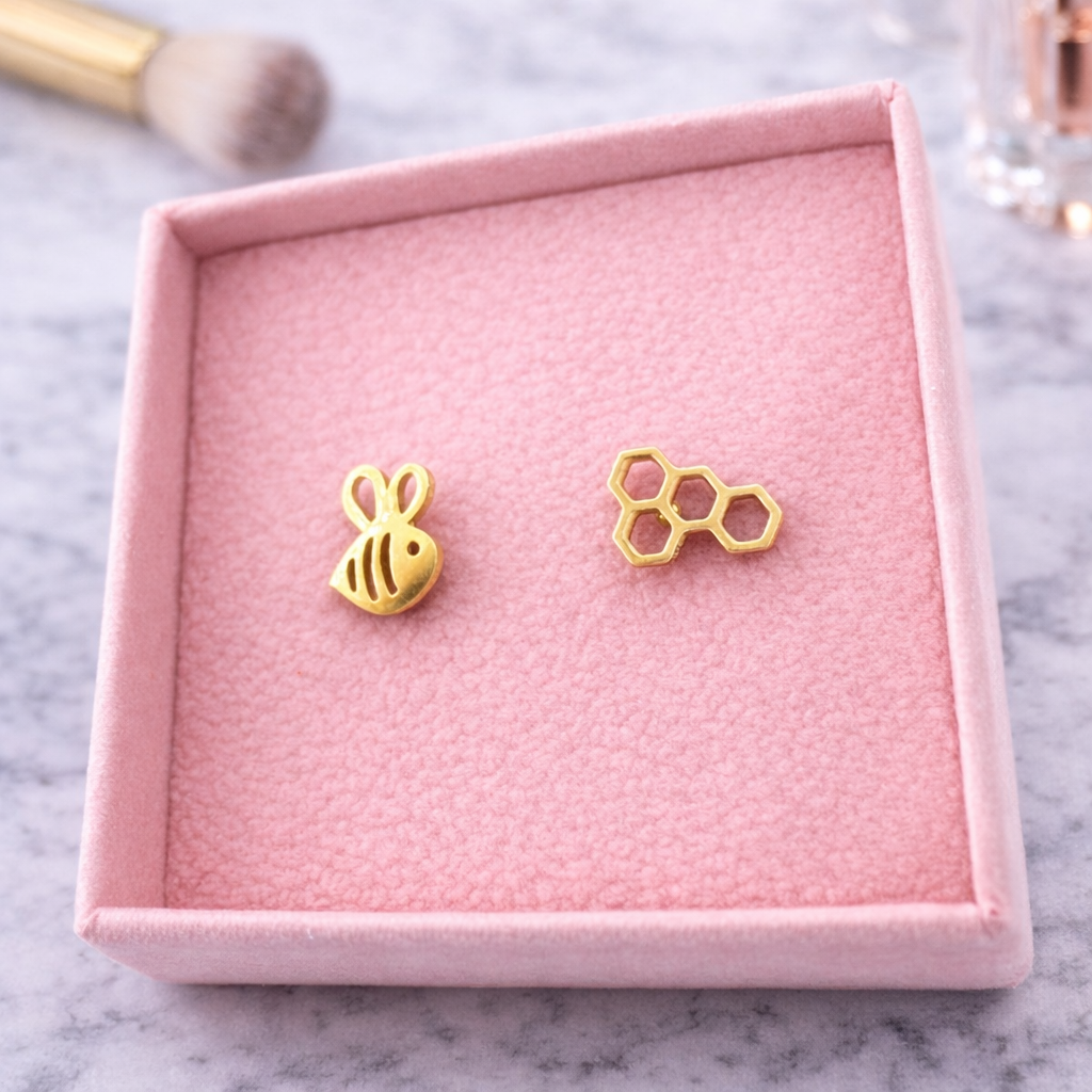 Mismatched Stud Earrings - Gold Bee Earrings – Honeycomb Stud Earrings – Asymmetric Mismatched Studs – Dainty Gold Earrings for Women, A036 The Funky Bird - {{mens earrings}}