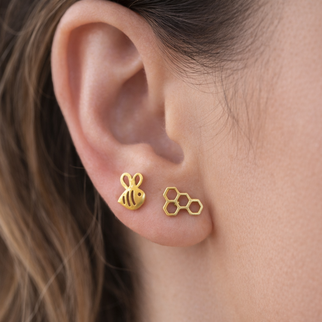 Mismatched Stud Earrings - Gold Bee Earrings – Honeycomb Stud Earrings – Asymmetric Mismatched Studs – Dainty Gold Earrings for Women, A036 The Funky Bird - {{mens earrings}}