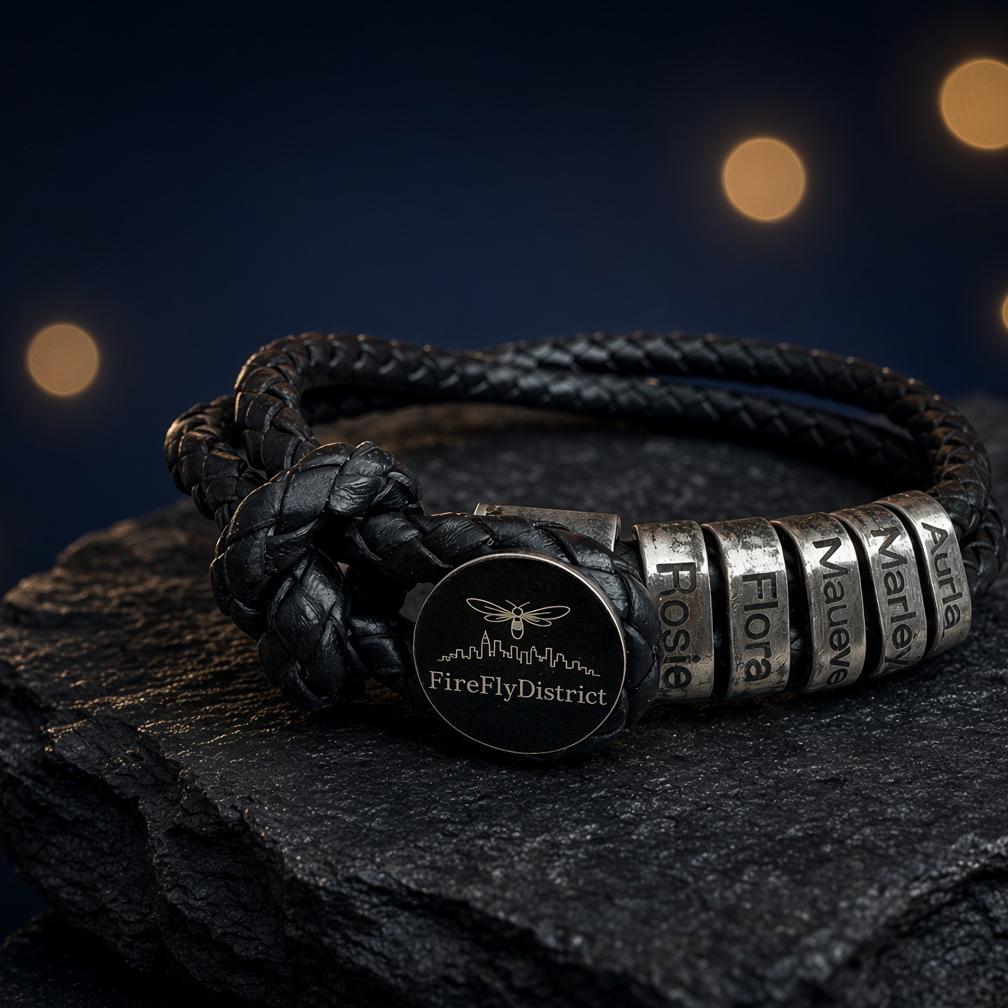 Men's Personalised Black & Gun Grey Vegan Leather Bracelet – Adjustable – P001 Firefly District - {{mens earrings}}