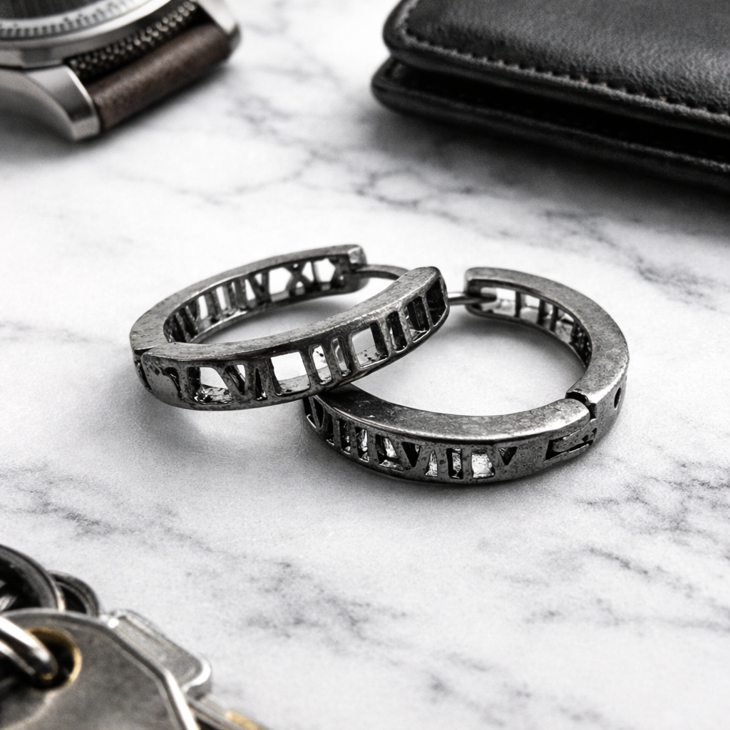 Black Mens Earrings, Roman Numerial, Hoop Earring, Gun Metal Grey, Man Silver Hoop Earrings, Huggie Earring For Men, Earrings For Him, A135 The Funky Bird - {{mens earrings}}