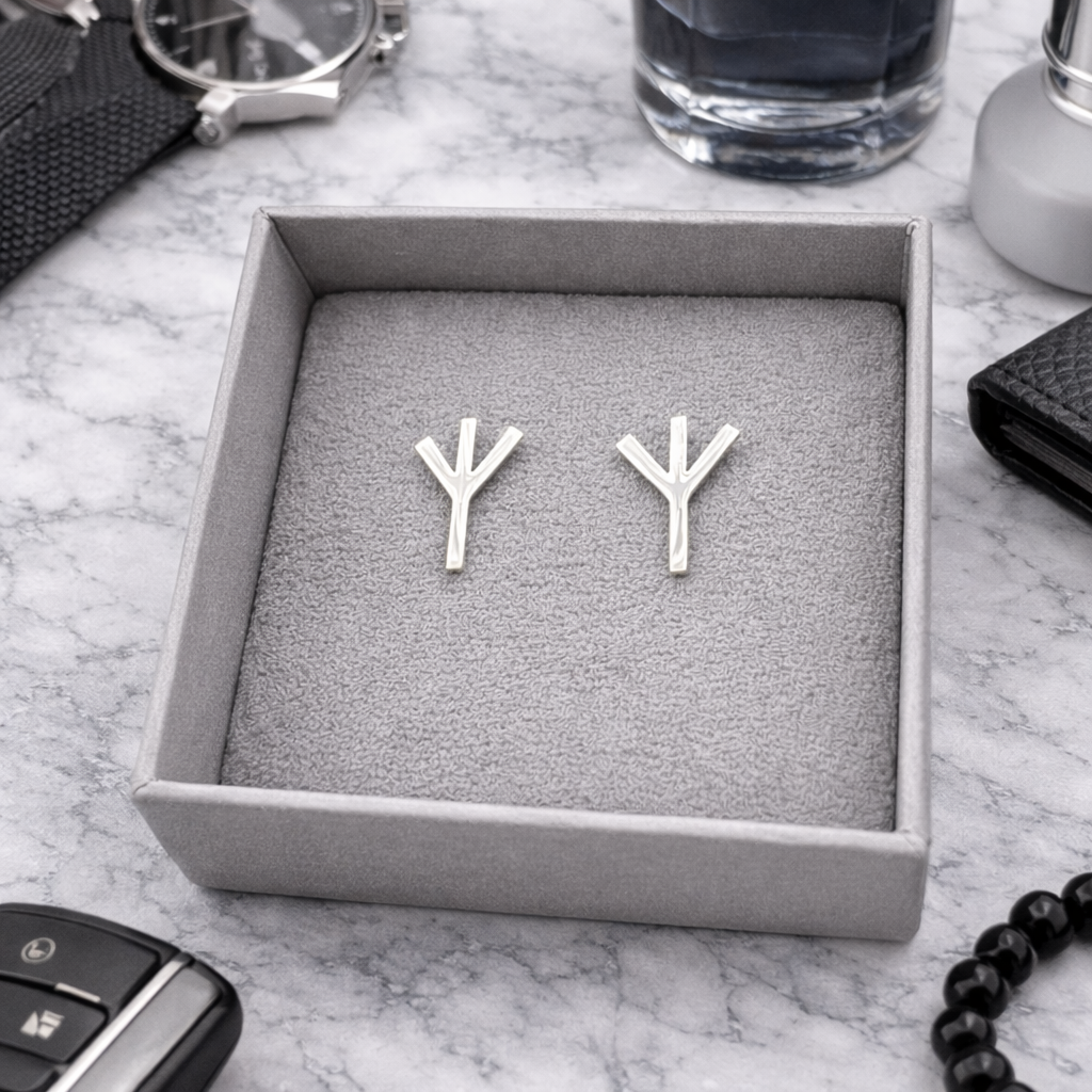 Mens Earrings - Silver Stud Earrings, Men, Minimalist Male Earring, Rune, Defense, Protection, Mens Stud Earrings, Studs for Men, A255 The Funky Bird - {{mens earrings}}