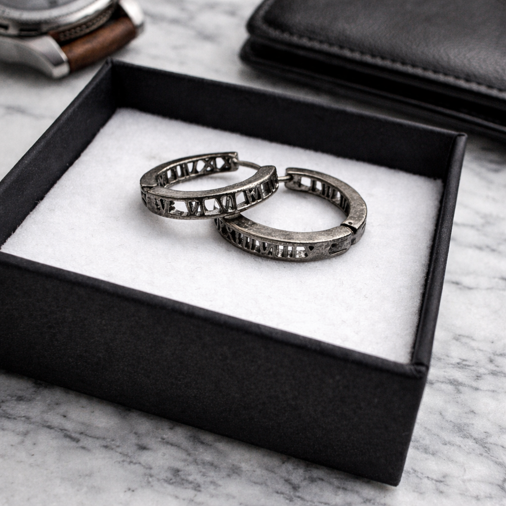 Black Mens Earrings, Roman Numerial, Hoop Earring, Gun Metal Grey, Man Silver Hoop Earrings, Huggie Earring For Men, Earrings For Him, A135 The Funky Bird - {{mens earrings}}