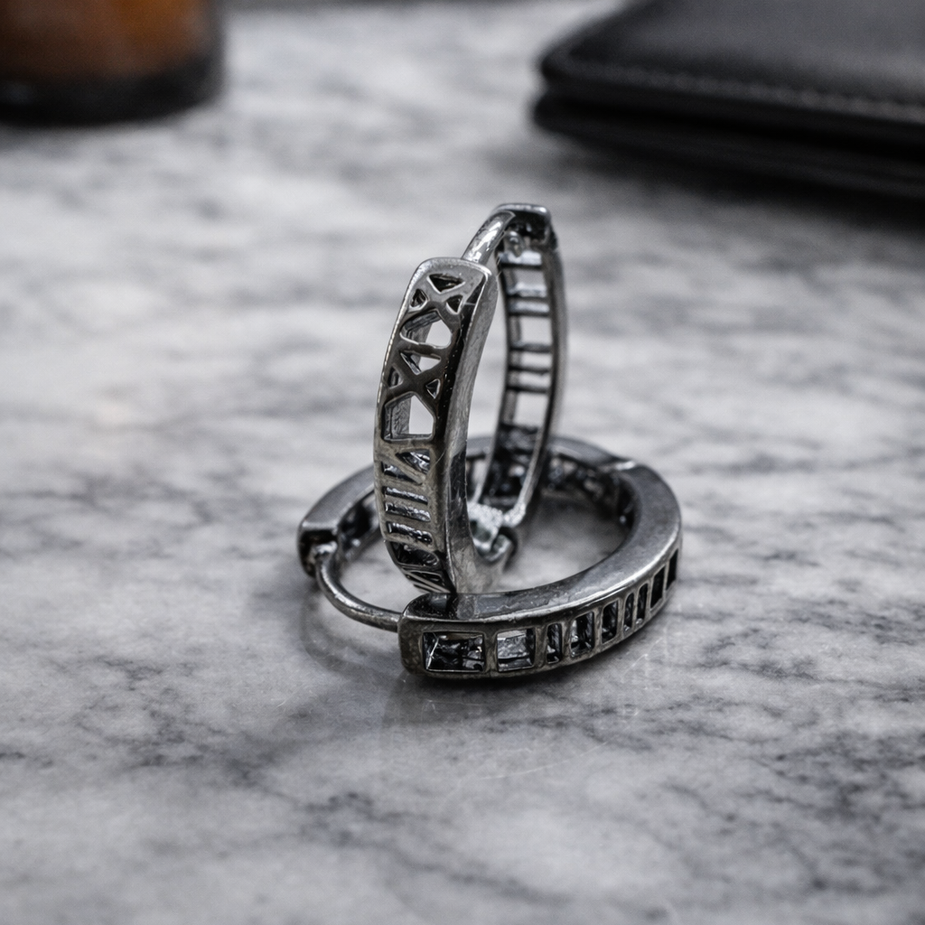 Black Mens Earrings, Roman Numerial, Hoop Earring, Gun Metal Grey, Man Silver Hoop Earrings, Huggie Earring For Men, Earrings For Him, A135 The Funky Bird - {{mens earrings}}