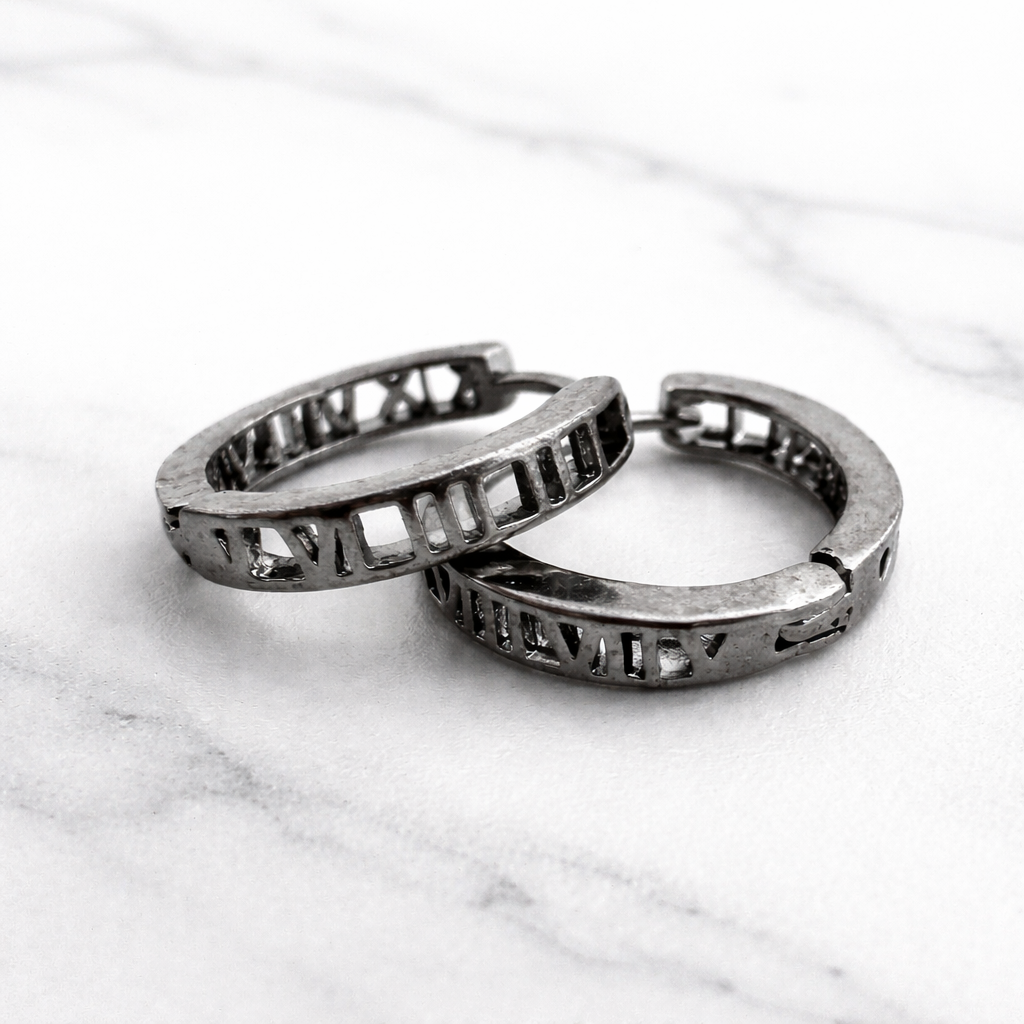 Black Mens Earrings, Roman Numerial, Hoop Earring, Gun Metal Grey, Man Silver Hoop Earrings, Huggie Earring For Men, Earrings For Him, A135 The Funky Bird - {{mens earrings}}