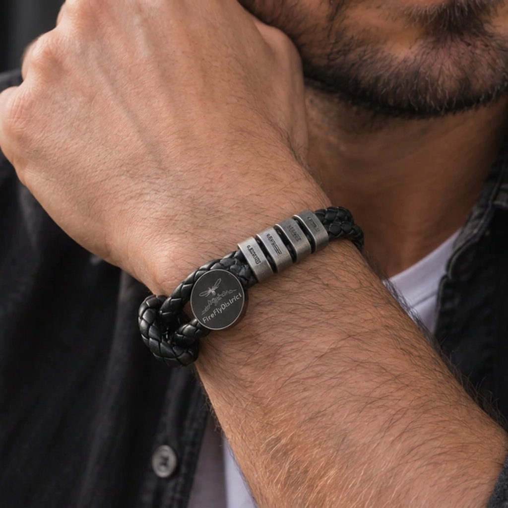 Men's Personalised Black & Gun Grey Vegan Leather Bracelet – Adjustable – P001 Firefly District - {{mens earrings}}