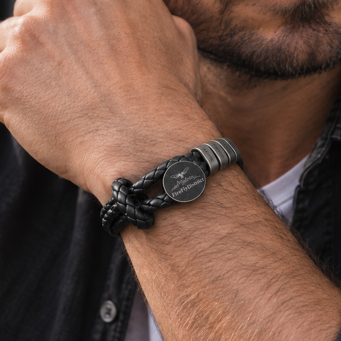 Men's Personalised Black & Gun Grey Vegan Leather Bracelet – Adjustable – P001 Firefly District - {{mens earrings}}