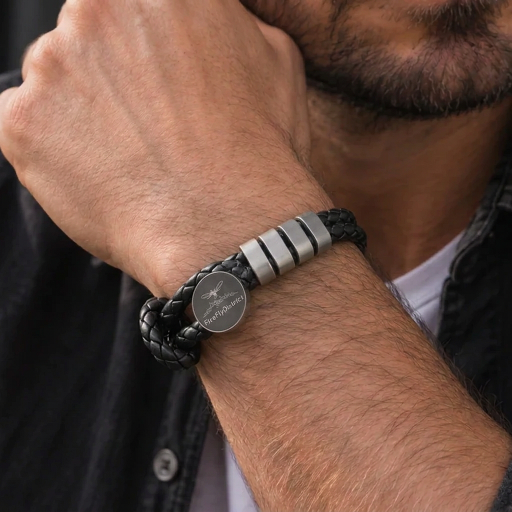 Men's Personalised Black & Gun Grey Vegan Leather Bracelet – Adjustable – P001 Firefly District - {{mens earrings}}