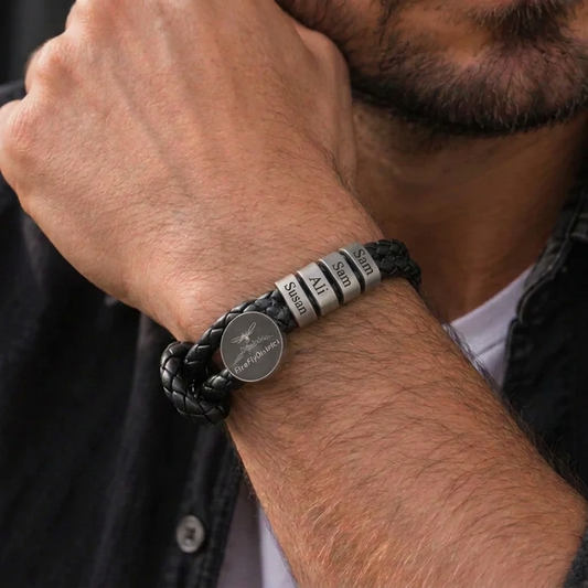 Men's Personalised Black & Gun Grey Vegan Leather Bracelet – Adjustable – P001 Firefly District - {{mens earrings}}