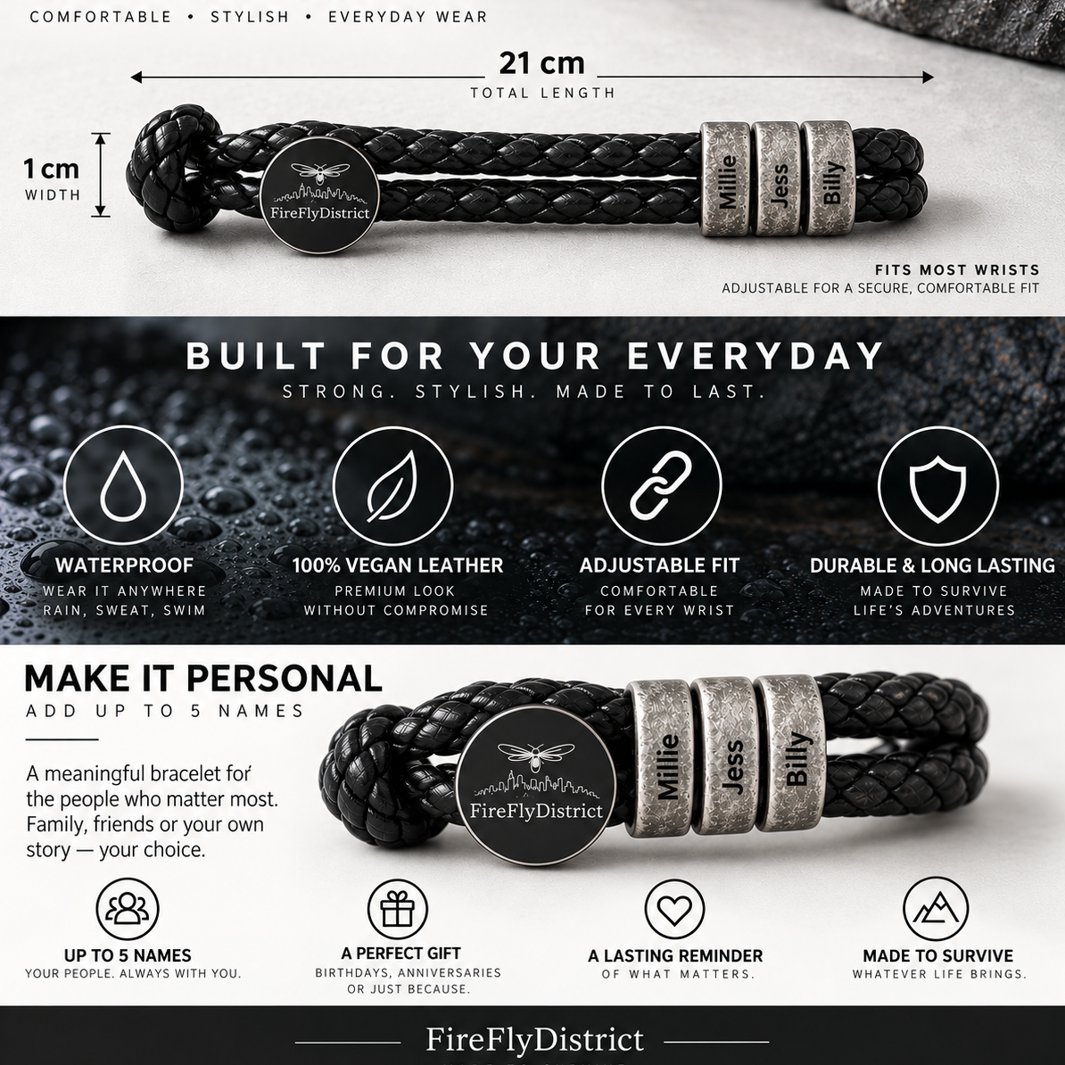 Men's Personalised Black & Gun Grey Vegan Leather Bracelet – Adjustable – P001 Firefly District - {{mens earrings}}