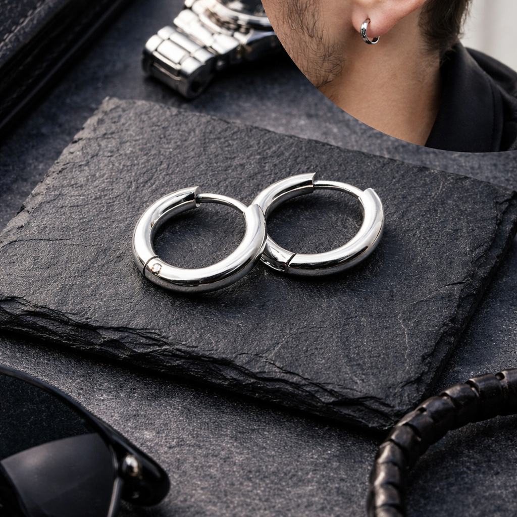Mens Silver Hoop Earrings -  Silver Hoops - Minimalist Hoop Earrings for Men - Hypoallergenic Silver Earrings - Unisex Sleeper Hoops, A002 The Funky Bird - {{mens earrings}}