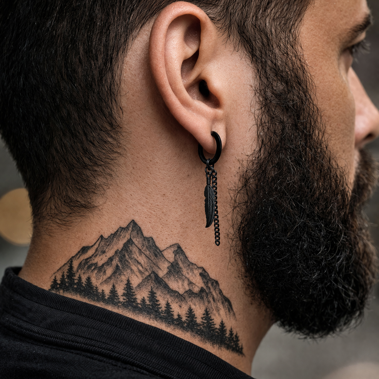 Black Feather and Chain, Earring, Mens Earrings, Black Bar Earrings, Minimalist, Male Earring, Mens, Single earring for Men, A120 The Funky Bird - {{mens earrings}}