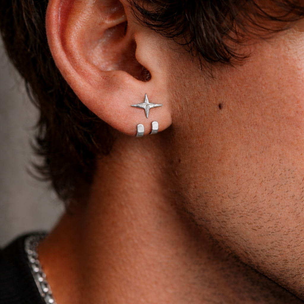 Mens Jewellery - Silver Stud Earrings, Men, Minimalist Male Jewellery, Silver, Mens Stud Earrings, Studs for Men, star hook earrings, A480 The Funky Bird - {{mens earrings}}