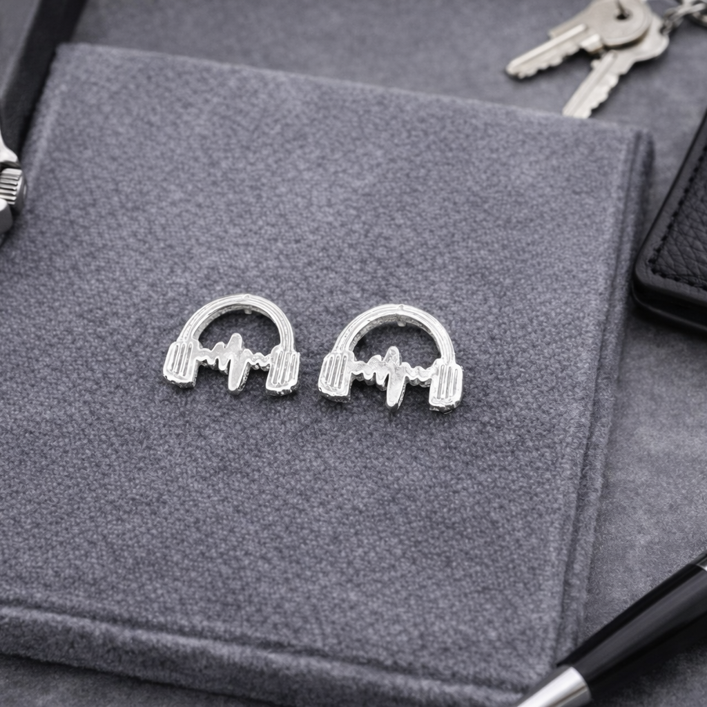 Silver Music Headphones Earrings - record earrings, Music earrings, Birthday Party, Fun, Funky, Unique, studs, DJ, A315 The Funky Bird - {{mens earrings}}