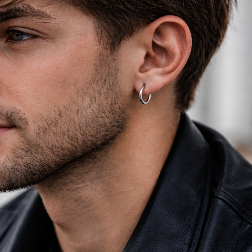Mens Silver Hoop Earrings -  Silver Hoops - Minimalist Hoop Earrings for Men - Hypoallergenic Silver Earrings - Unisex Sleeper Hoops, A002 The Funky Bird - {{mens earrings}}